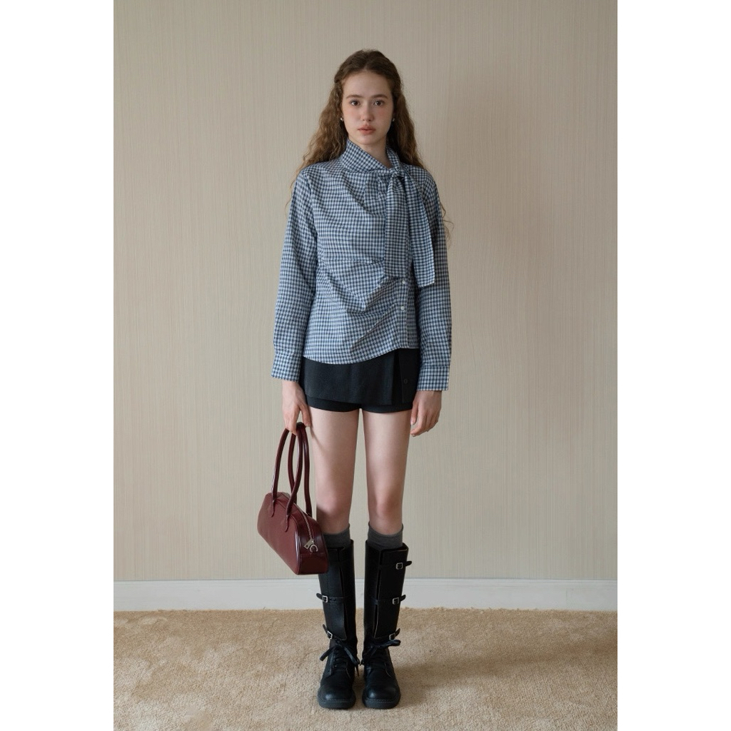 [EGGKA] Áo sơ mi nữ EGGKA cổ đứng thắt nơ