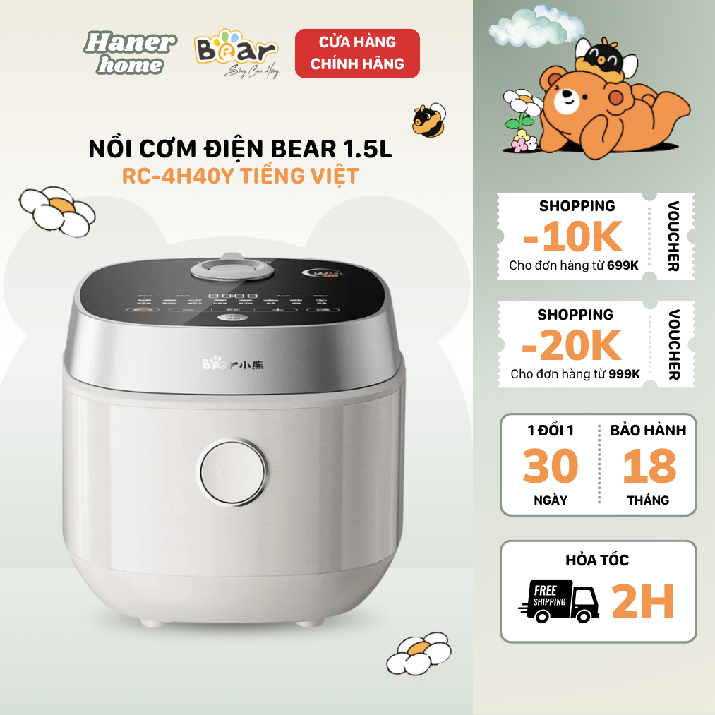 Nồi Cơm Điện Tử Bear 1.5L Lòng Nồi Gang Tráng Men Cao Cấp Độ Bền Cao Nấu Cơm Ngon RC-4H40Y