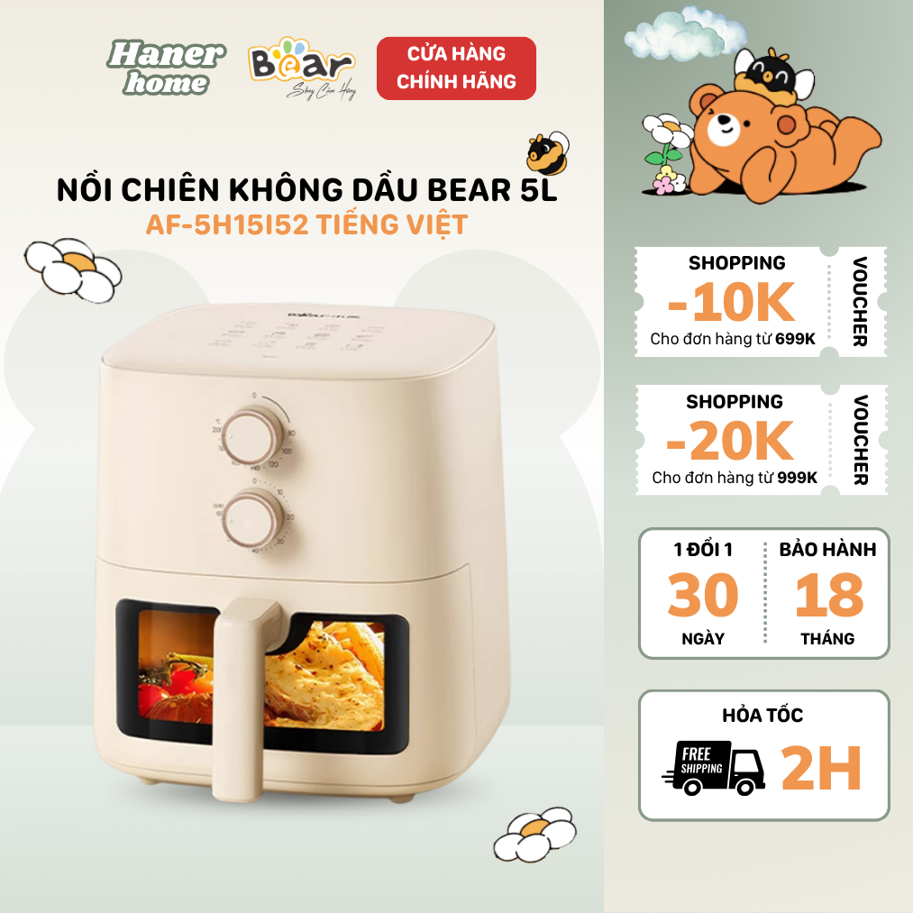 Nồi Chiên Không Dầu Bear 5L Đa Năng Nướng Bánh Giảm Dầu Mỡ Tiện Lợi Healthy Bảo Hành 18 Tháng AF-5H1