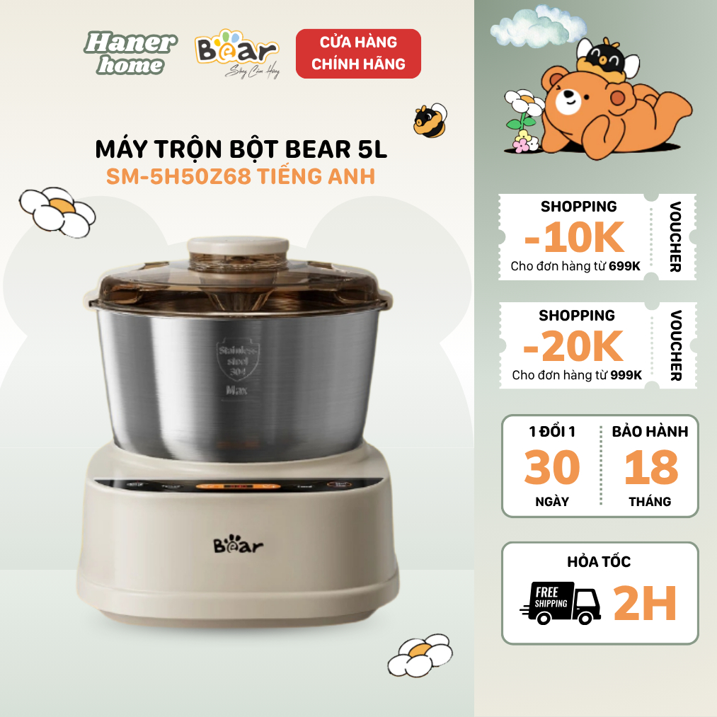 Máy Trộn Bột Bear 5L Inox 304 Công Suất Lớn Nhào Bột Ủ Bột Làm Bánh Đa Năng Bảo Hành 18 Tháng SM-5H5