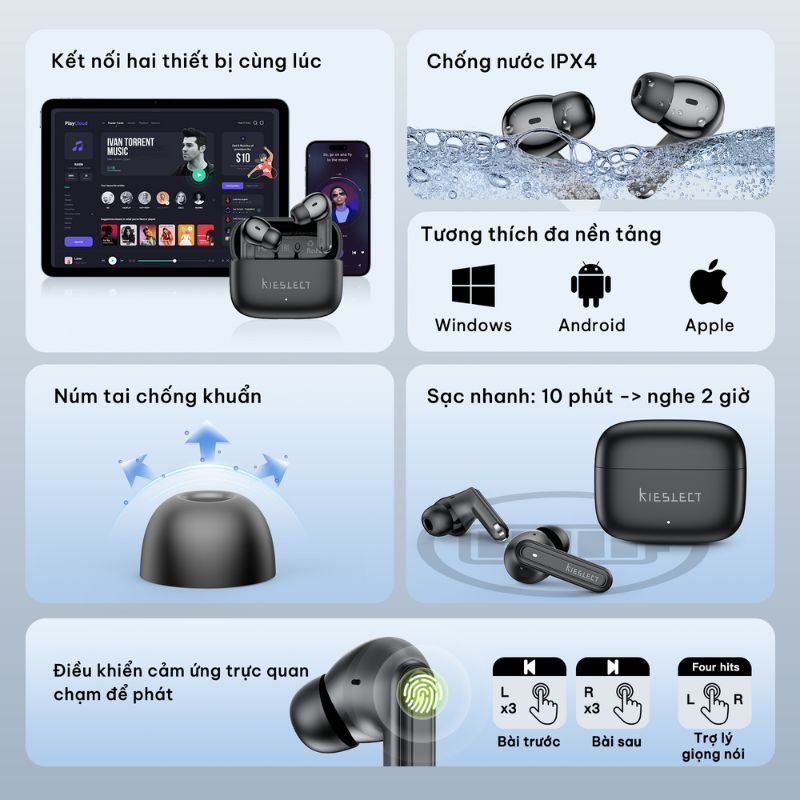 Tai Nghe Không Dây Kieslect Adjustable| Chống Ồn Chủ Động | Thời Gian Sử Dụng Tới 30H | BT 6.0 độ trễ thấp | Dich AI | BigBuy360 - bigbuy360.vn