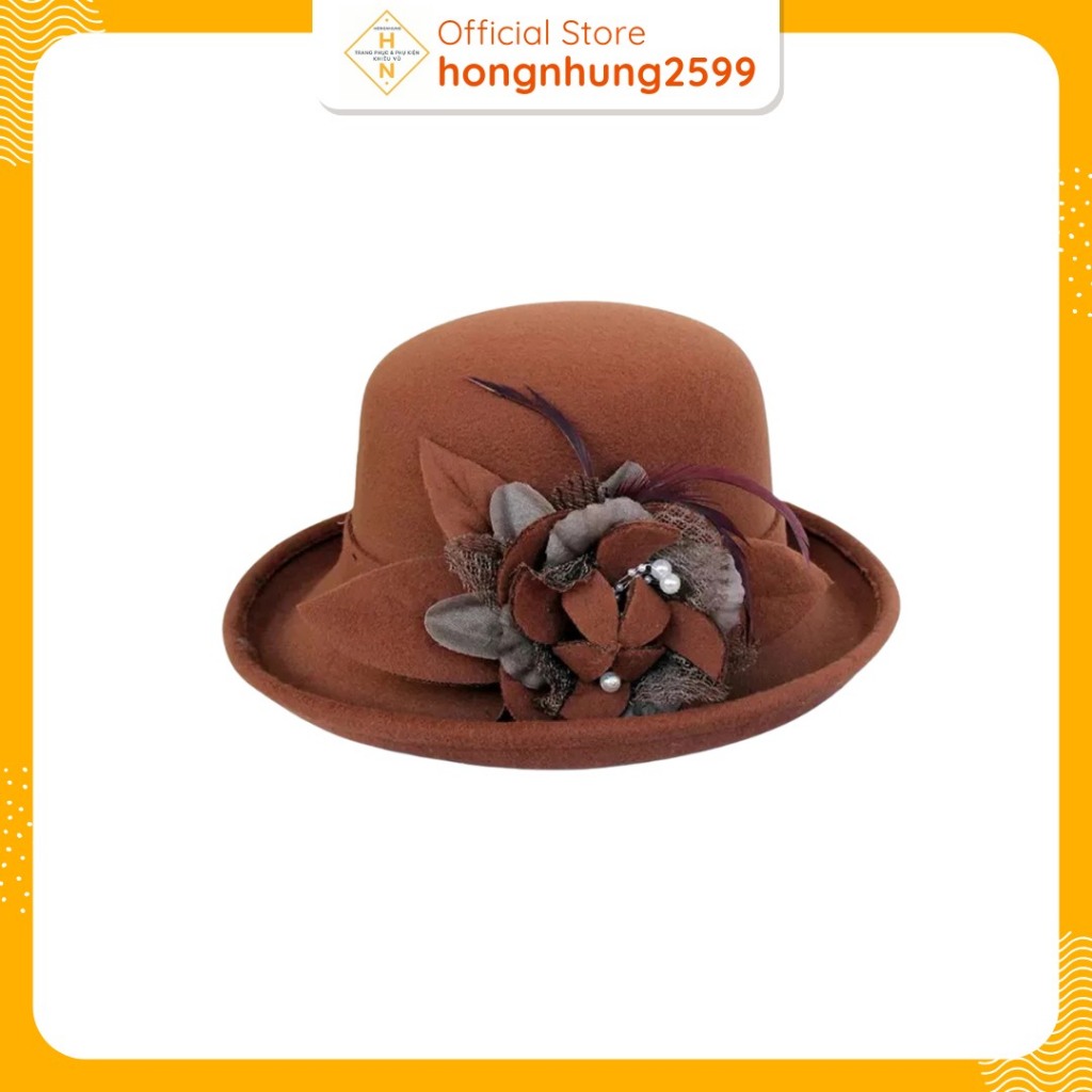 Mũ Dạ vành cuộn  gắn nơ lông vũ