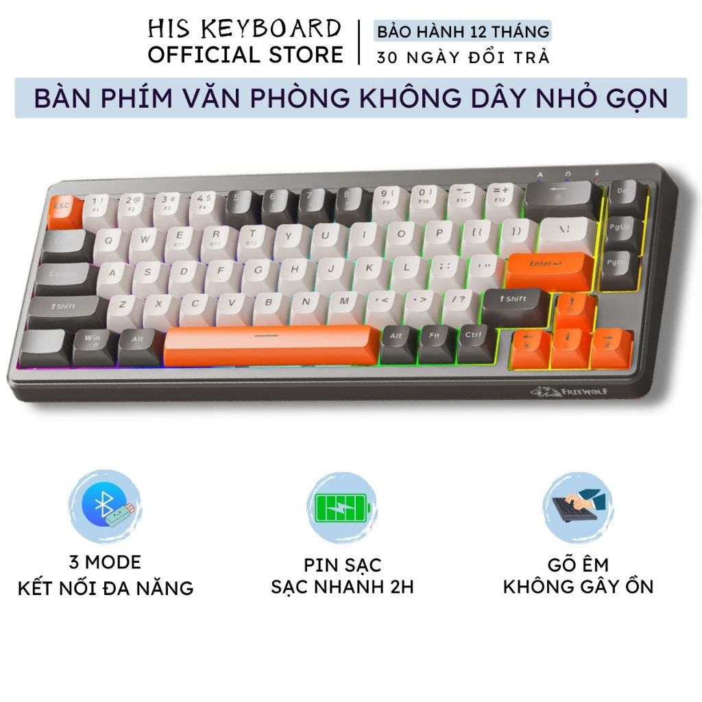Bàn Phím Văn Phòng Bluetooth FreeWolf M68 3 Mode Kết Nối, Keycap PBT, LED 7 màu, 68 Phím Nhỏ Gọn
