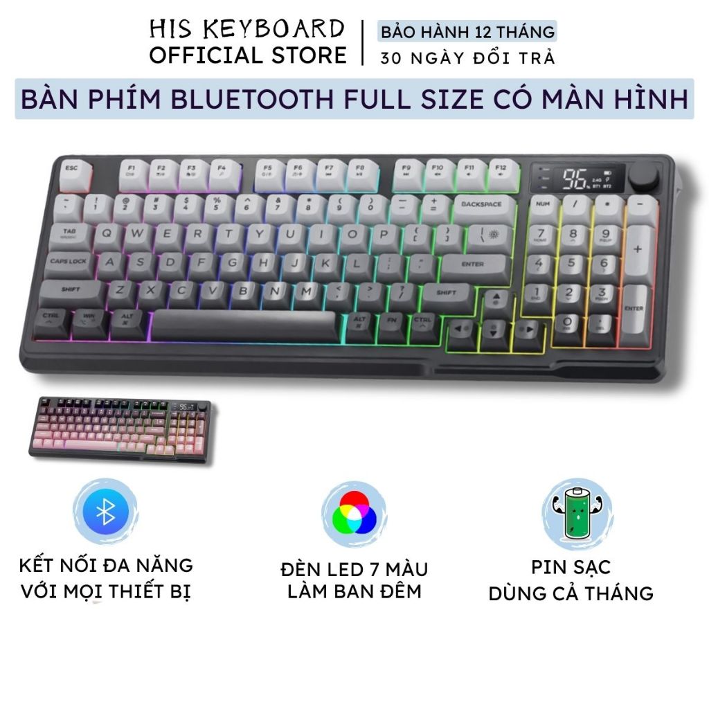 Bàn Phím Không Dây FreeWolf M96 Full Size, LED 7 Màu, Pin 2000mAh, Keycap PBT Cao Cấp, Có Màn Hình