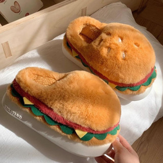  Dép lông đi trong nhà hình Hamburger đáng yêu giữ ấm chân mùa đông dép lông cute unisex chống trơn trượt 