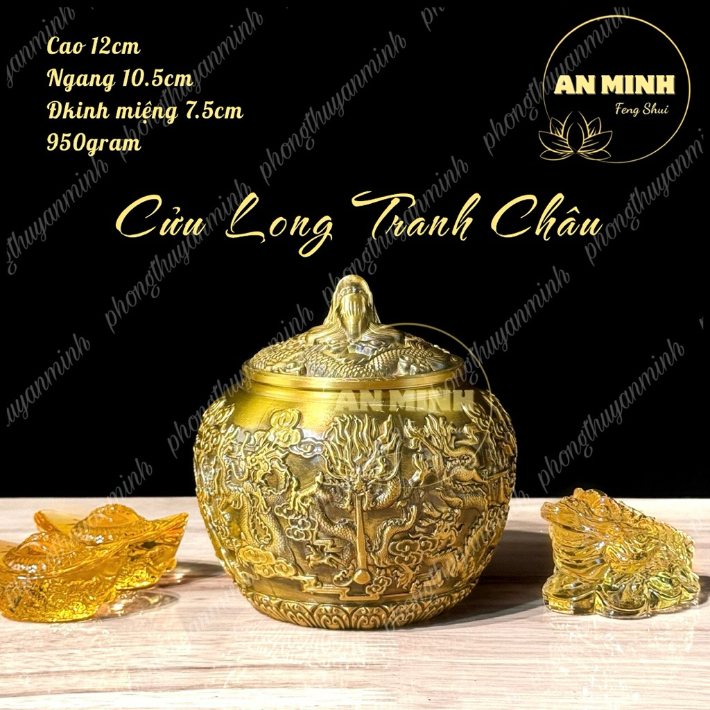 Hũ Vàng Cửu Long Tranh Châu - Hũ Vàng Nắp Vặn - Hũ Vàng Tài Lộc, Chiêu Tài - Vật Phẩm Đồng Phong Thu