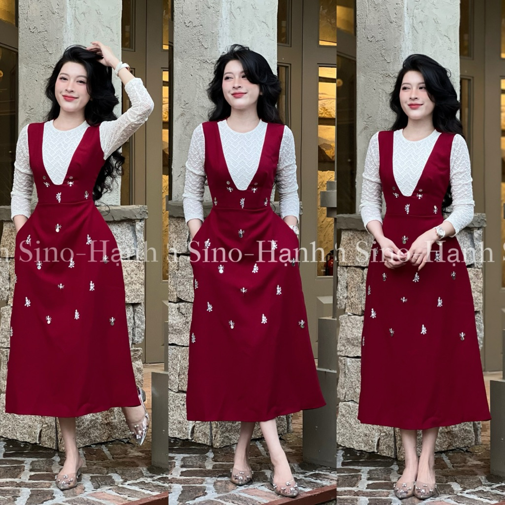 Hạnh sino.97 Váy dáng A mix tay ren cổ tròn khâu đá mới