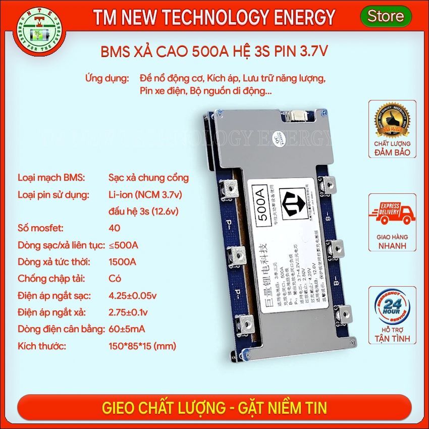 Mạch BMS 3S 500A xả tức thời 1500A dùng cho pin Li-ion 3.7v, chuyên dùng làm mạch đề cho động cơ côn