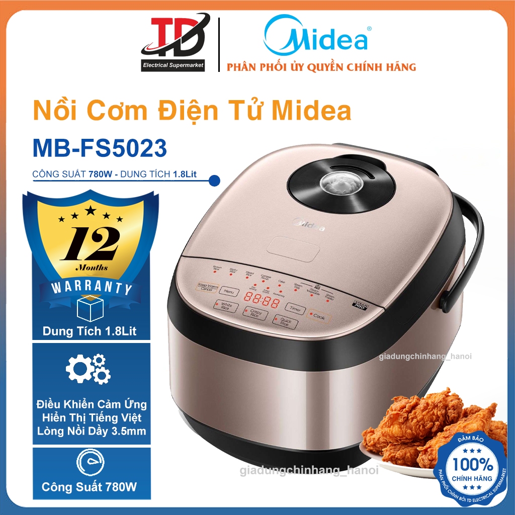 Nồi Cơm Điện Tử Midea 1.8 lít MB-FS5023, Lòng Nồi Dầy 4mm - Công Nghệ Nấu 3D, Hàng Chính Hãng