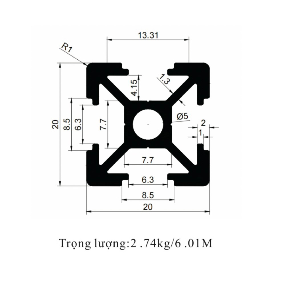 Nhôm định hình 20x20 (giá 1m) - Miễn phí cắt theo kích thước yêu cầu.