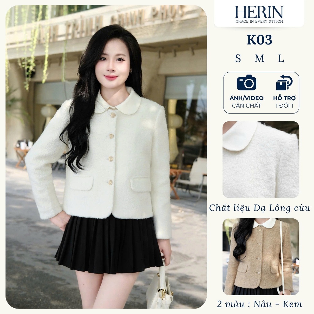 Áo khoác dạ ép lông cừu sang trọng, trẻ trung 2 màu nâu, kem HERIN - K03