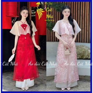  Áo dài cách tân cổ yếm Nữ 2 màu siêu xinh chất vải tơ dệt họa tiết sang trọng che bắp tay- ÁO DÀI THIẾT KẾCÁT NHÃ 