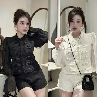   BÈO BÉO BIGSIZE   SET ÁO DẠ BLING NÚT BỌC TAY BỒNG VOAN PHỐI QUẦN SORT FORM BIGSIZE 60-90KG 