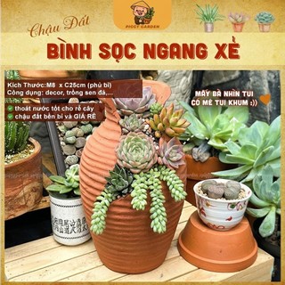  Chậu đất nung - Chậu trồng sen đá xương rồng - Bình sọc ngang xẻ miệng 8cm cao 25cm 