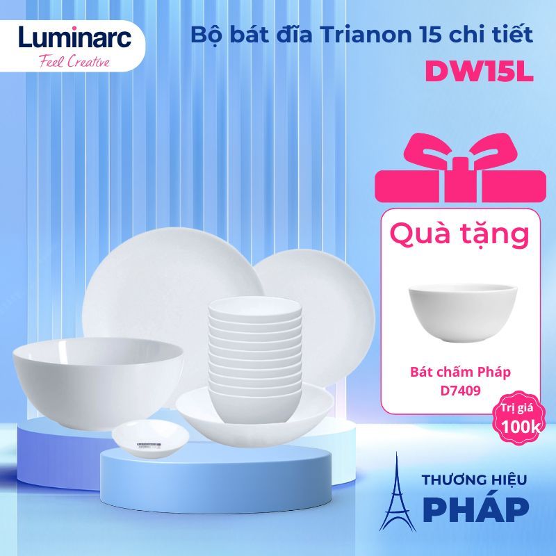 Bộ bát đĩa (tô chén dĩa) thủy tinh Luminarc Diwali 15 chi tiết DW 15I, dùng lò vi sóng, máy rửa bát