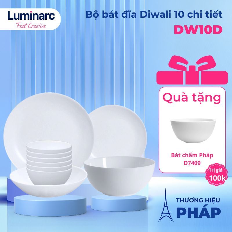 Bộ bát đĩa (tô chén dĩa) thủy tinh Luminarc Diwali 10 chi tiết DW 10D, dùng vi sóng, máy rửa bát