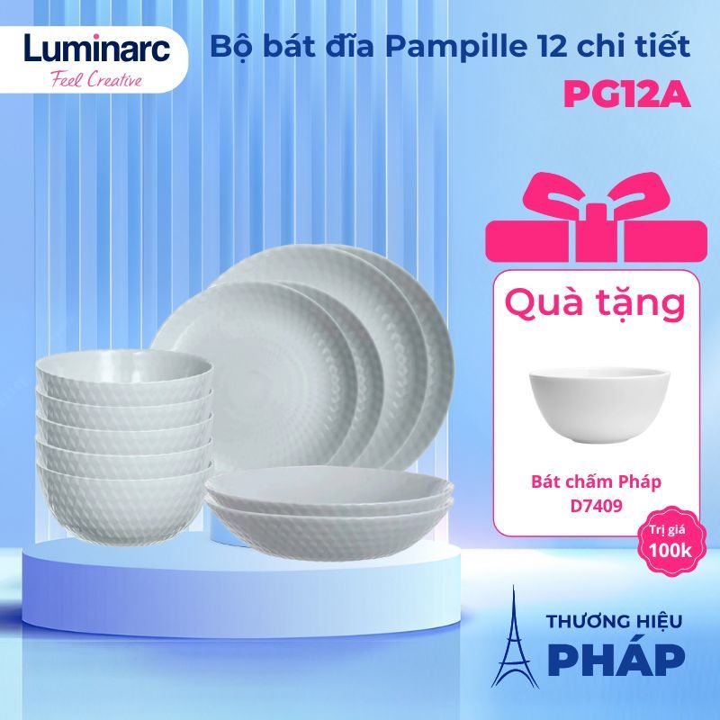 [Hàng Pháp] Bộ bát đĩa (tô, chén, dĩa) thủy tinh Luminarc Pampille Granit 12 chi tiết PG12A
