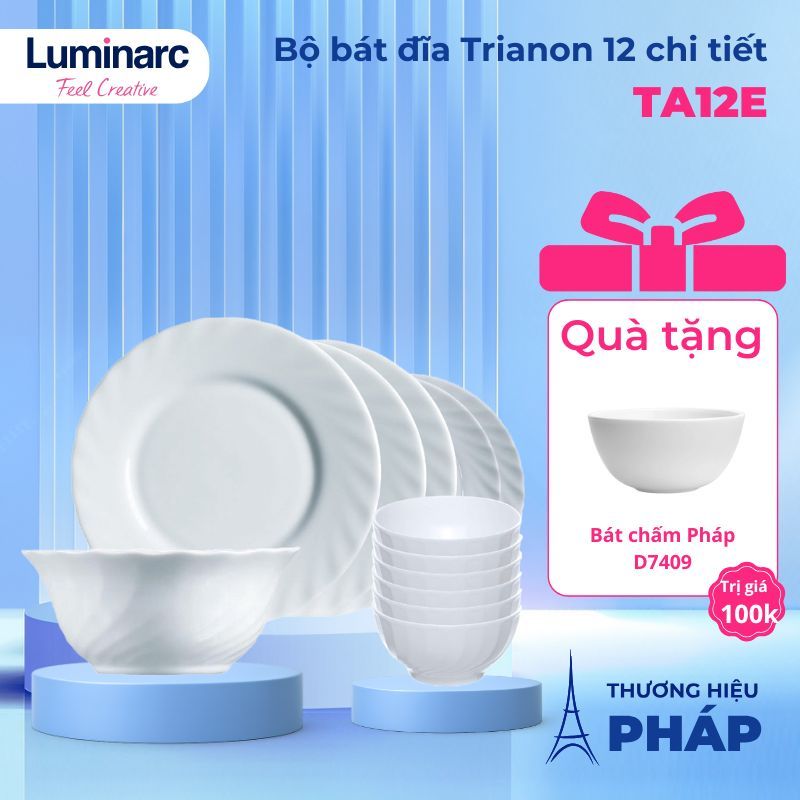 Bộ bát đĩa (tô, chén, dĩa) thủy tinh Luminarc Trianon 12 chi tiết TA 12E | Hàng chính hãng