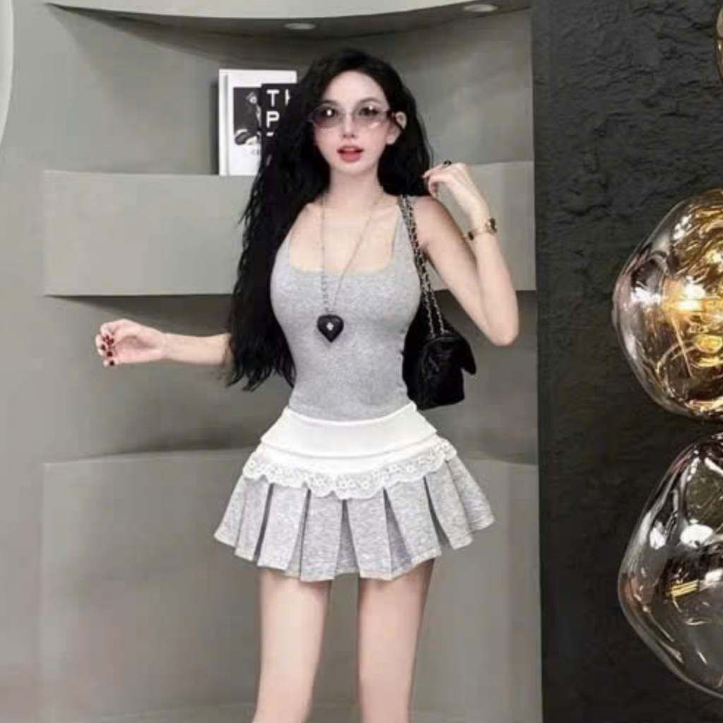 Chân váy ngắn xòe xếp ly cạp cao lưng trắng phối viền ren có lót quần phong cách thể thao sexy HTN Store | BigBuy360 - bigbuy360.vn