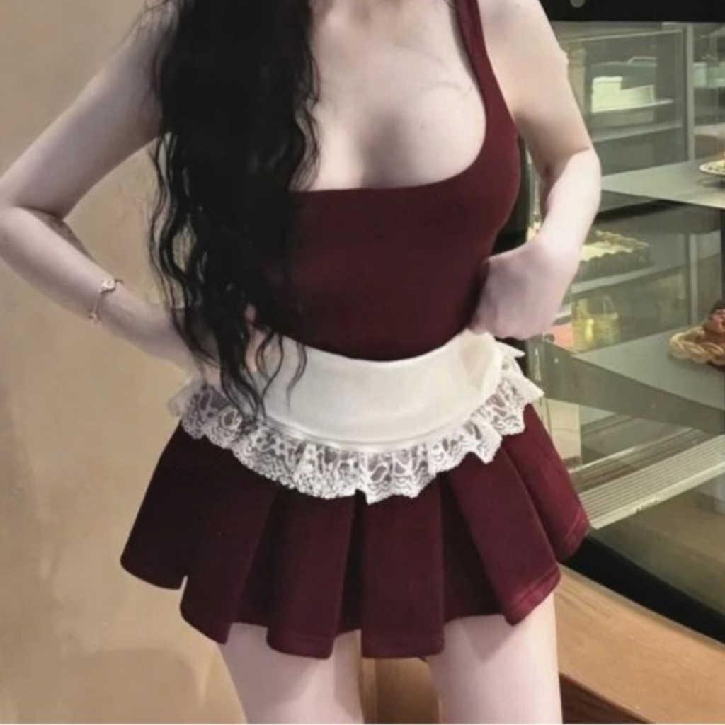 Chân váy ngắn xòe xếp ly cạp cao lưng trắng phối viền ren có lót quần phong cách thể thao sexy HTN Store | BigBuy360 - bigbuy360.vn