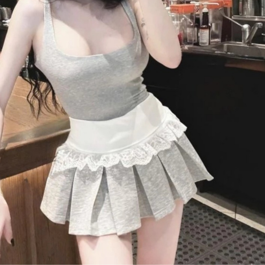 Chân váy ngắn xòe xếp ly cạp cao lưng trắng phối viền ren có lót quần phong cách thể thao sexy HTN Store | BigBuy360 - bigbuy360.vn