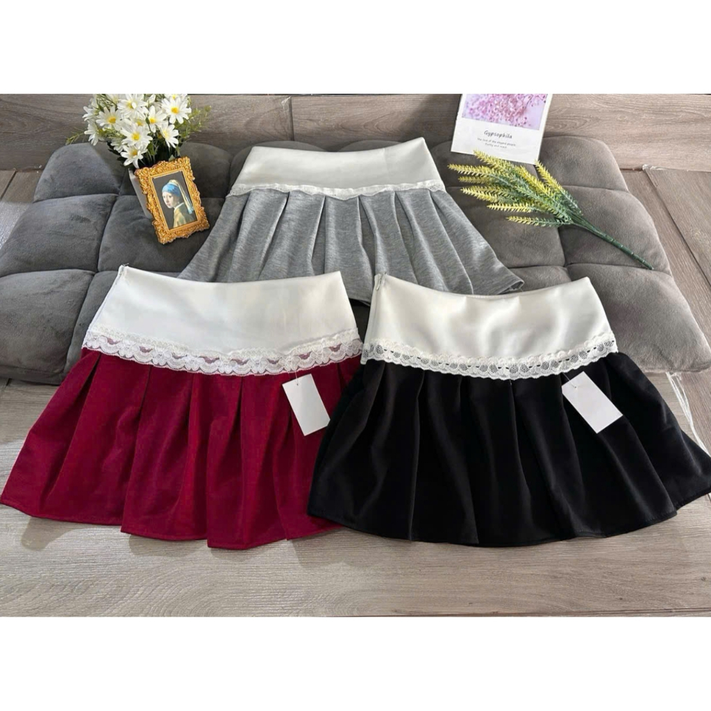 Chân váy ngắn xòe xếp ly cạp cao lưng trắng phối viền ren có lót quần phong cách thể thao sexy HTN Store | BigBuy360 - bigbuy360.vn