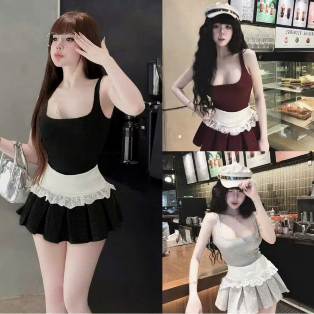 Chân váy ngắn xòe xếp ly cạp cao lưng trắng phối viền ren có lót quần phong cách thể thao sexy HTN Store | BigBuy360 - bigbuy360.vn