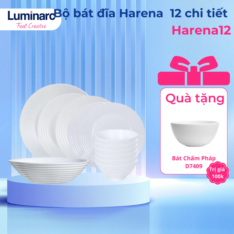 Bộ bát đĩa (tô, chén, dĩa) thủy tinh Luminarc 12 chi tiết HARENA 12A, dùng lò vi sóng, máy rửa bát
