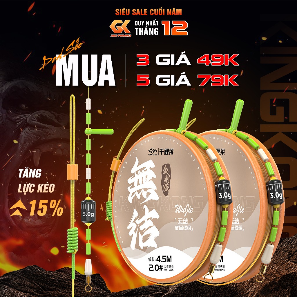 Trục Câu Đài KingKong Dây Câu Cá Buộc Sẵn QuanLiLai Bản Nâng Cấp Gia Cố Dây PE Size 3m6 Đến 7m2
