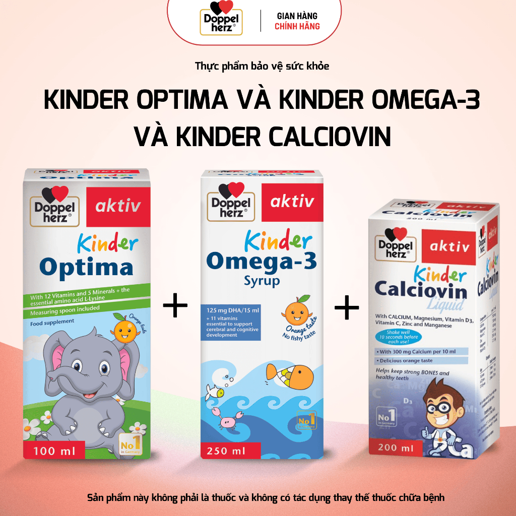 Combo 3 sản phẩm Kinder Optima, Kinder Omega-3 Syrup và Kinder Calciovin giúp hỗ trợ phát triển toàn