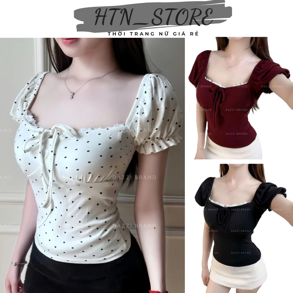 Áo thun nữ cổ vuông phối ren thắt nơ tay phồng xinh xắn HTN Store, Áo kiểu nữ trễ vai nơ cổ ôm body phong cách sexy | BigBuy360 - bigbuy360.vn