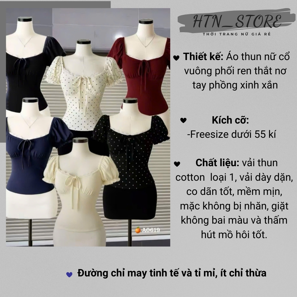 Áo thun nữ cổ vuông phối ren thắt nơ tay phồng xinh xắn HTN Store, Áo kiểu nữ trễ vai nơ cổ ôm body phong cách sexy | BigBuy360 - bigbuy360.vn