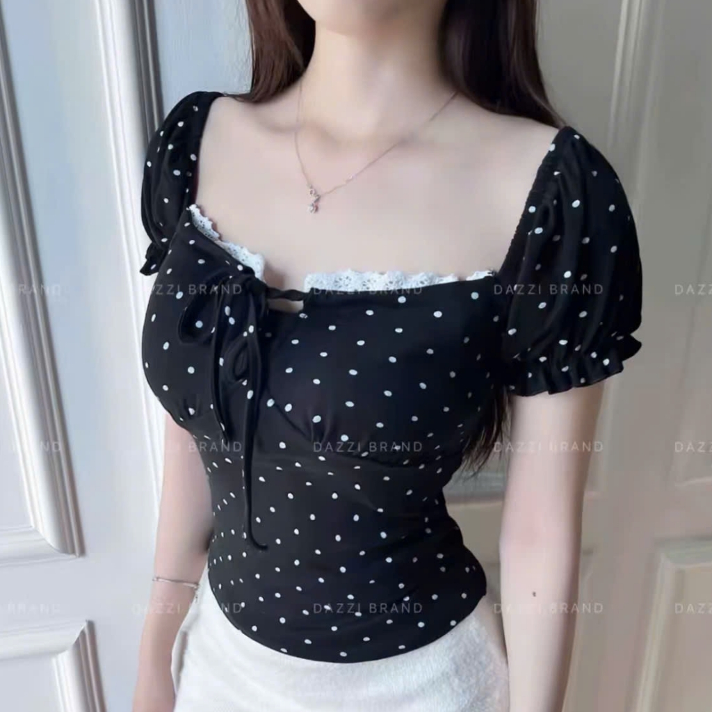 Áo thun nữ cổ vuông phối ren thắt nơ tay phồng xinh xắn HTN Store, Áo kiểu nữ trễ vai nơ cổ ôm body phong cách sexy | BigBuy360 - bigbuy360.vn