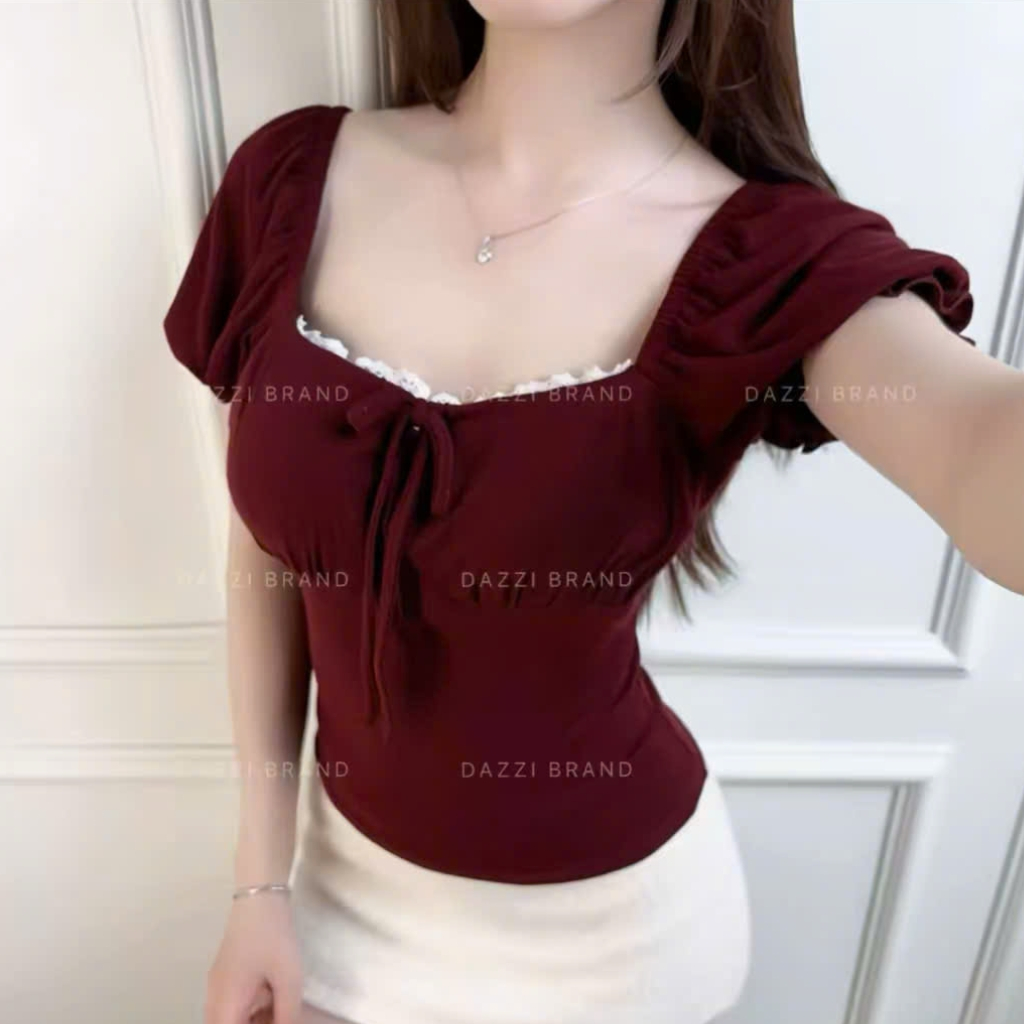 Áo thun nữ cổ vuông phối ren thắt nơ tay phồng xinh xắn HTN Store, Áo kiểu nữ trễ vai nơ cổ ôm body phong cách sexy | BigBuy360 - bigbuy360.vn