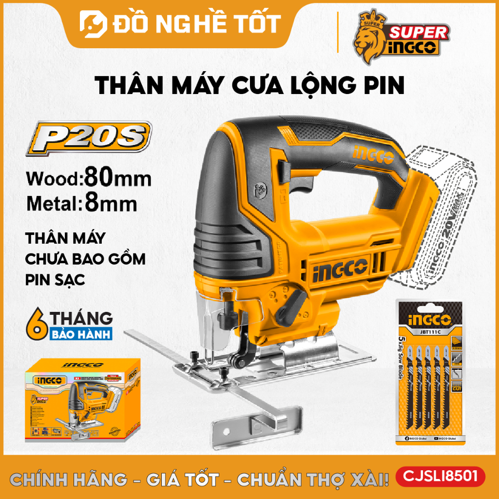 Máy cưa lọng dùng pin 20V INGCO CJSLI8501, linh hoạt, có chống rung, chiều dài lưỡi từ 100mm-150mm