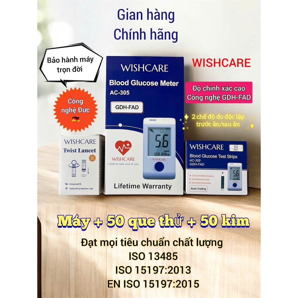 Máy đo đường huyết WISHCARE cao cấp, tặng kèm 50 que thử và 50 kim lấy máu