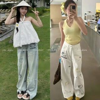  NEW 2025 - NẤM  LÙN và quần thường  Quần Jean ống suông nữ cạp cao cho Nấm lùn tone màu xanh bụi phối hoạ tiết Kitty 