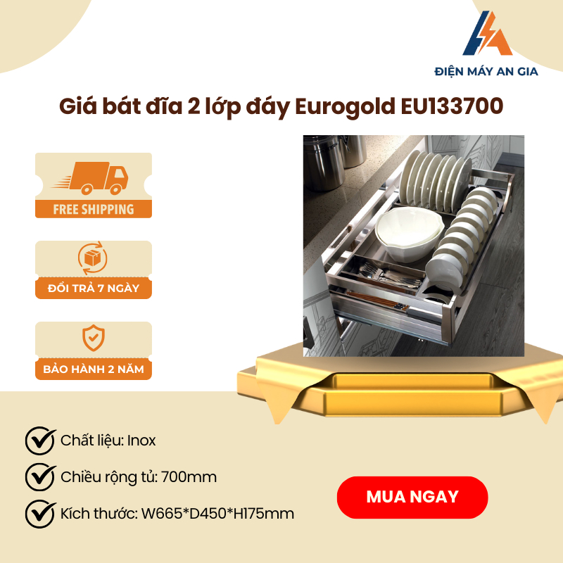 Giá Bát Đĩa Hộp Eurogold EU133700 – 2 Lớp Đáy, Lắp Âm Tủ, Ray Giảm Chấn Cao Cấp – PEB
