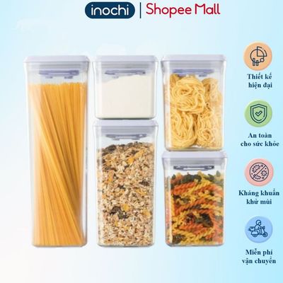 Bộ 5 hộp đựng thực phẩm khô Inochi, nhựa an toàn chịu nhiệt, nắp bấm ngăn ẩm thông minh.