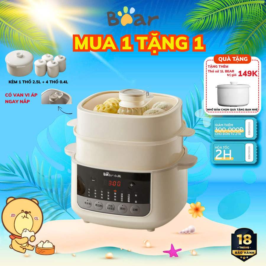 [TẶNG THÊM THỐ 1L] Nồi Nấu Cháo Chậm 2.5L Bear DDZ-J25G2, Kèm Xửng Hấp, 8 Chế Độ Nấu, Có Hẹn Giờ