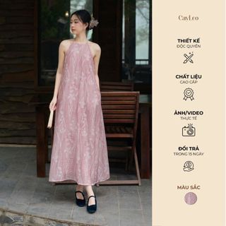   KOL  Váy dài nhẹ nhàng đầm cổ yếm đũi dáng suông hoạ tiết tơ in hoa Thư Vỹ CayLeo Design - DD856 