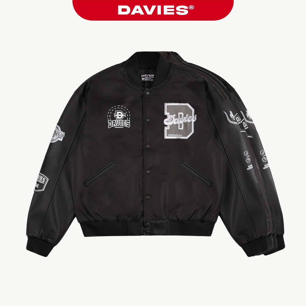  Áo khoác varsity jacket DAVIES nam nữ màu đen phối tay da form rộng hình thêu đẹp 