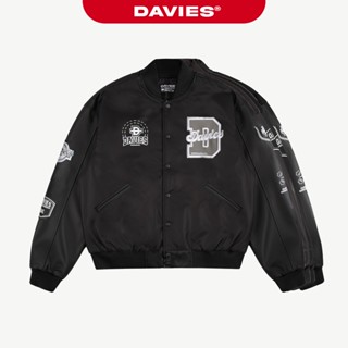  Áo khoác varsity jacket DAVIES nam nữ màu đen phối tay da form rộng hình thêu đẹp 