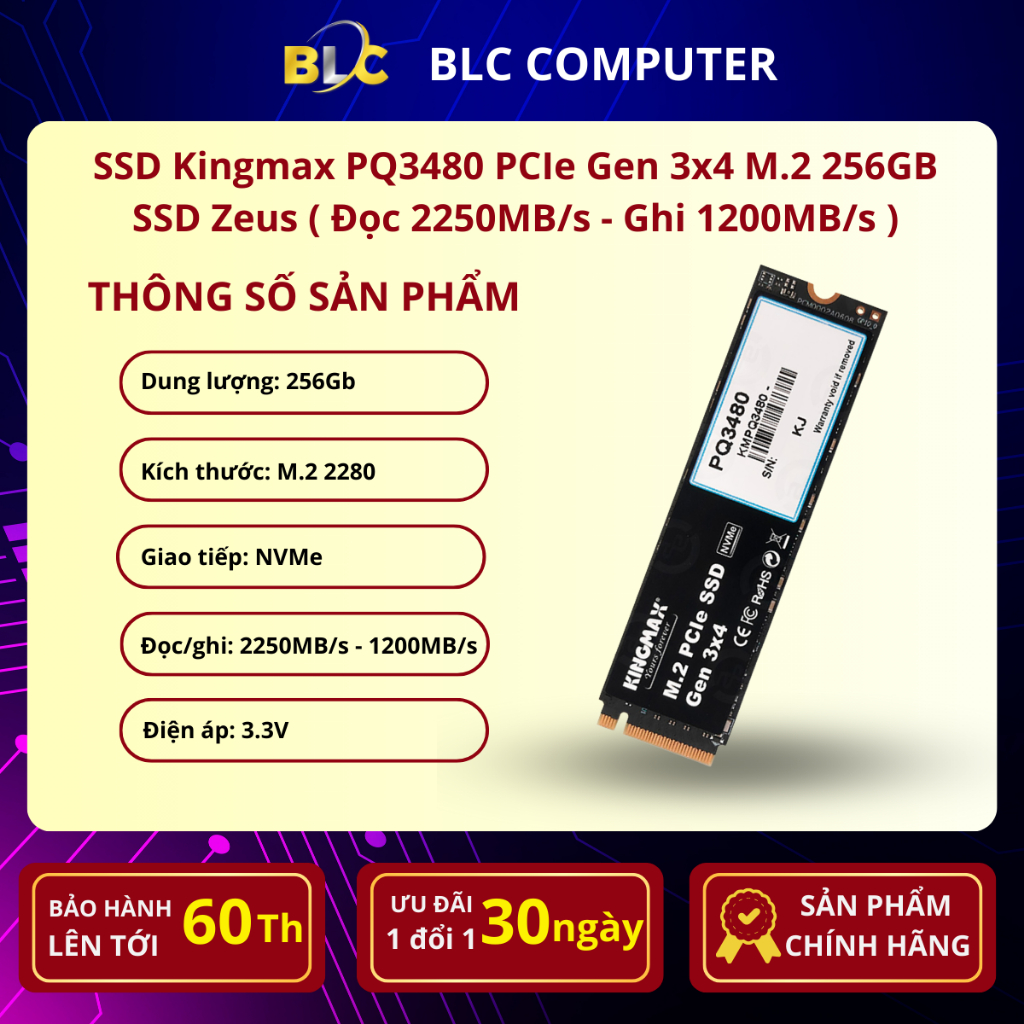 SSD Kingmax PQ3480 PCIe Gen 3x4 M.2 256GB SSD Zeus ( Đọc 2250MB/s - Ghi 1200MB/s )