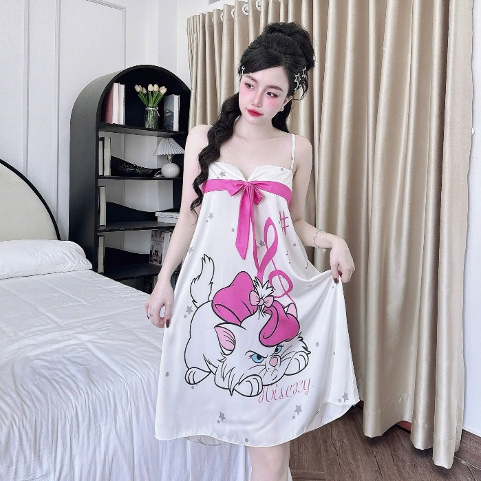 Đầm Ngủ Váy Ngủ Hisexy Đầm Ngủ Lụa Latin In 3D Nơ Trước Ngực Ko Kèm Quần MD68
