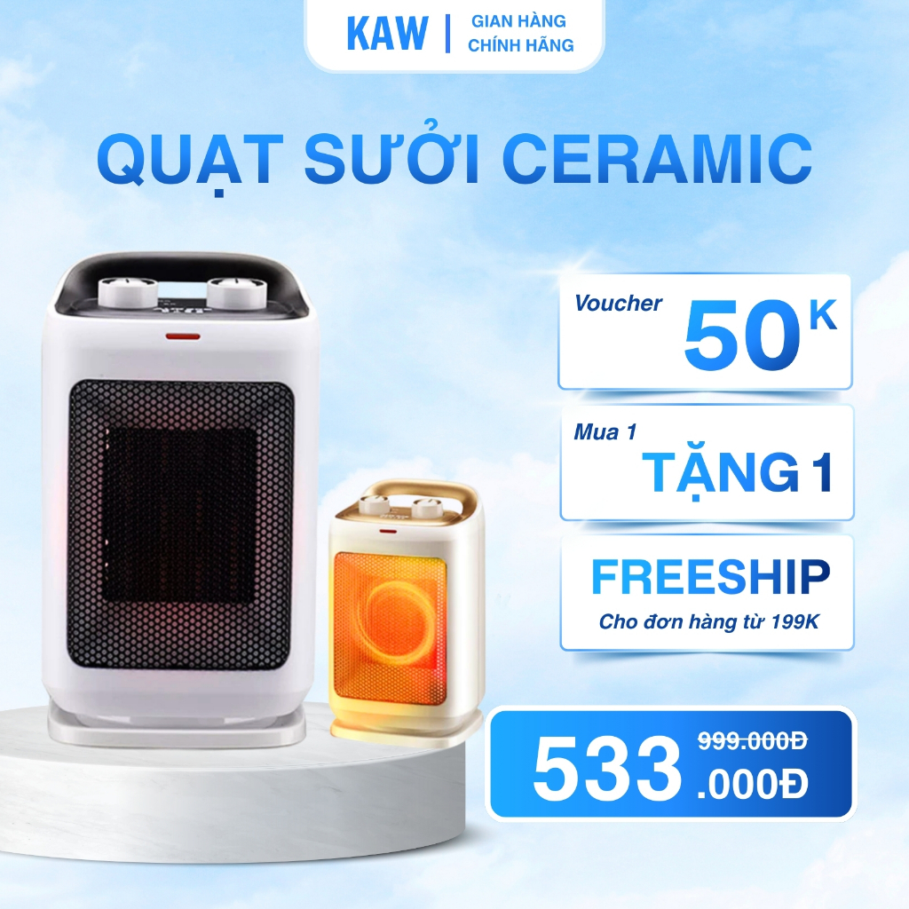 Quạt Sưởi Ceramic KAW K3000 Quạt Sưởi Mini An Toàn, Tiện Lợi, Có Tự Động Ngắt Điện Bảo Hành 12 Tháng