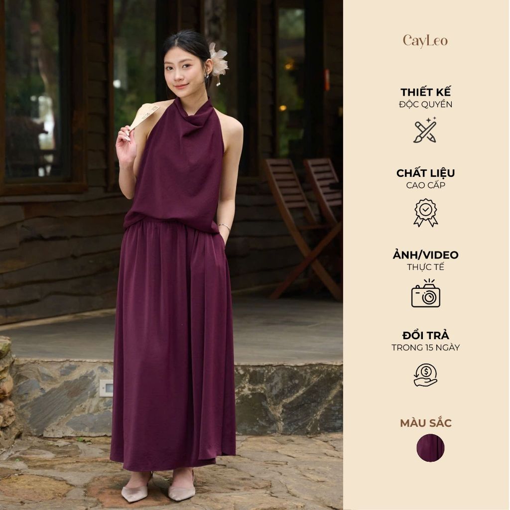 Set áo yếm lụa đổ lưng mix chân váy xoè Wine điệu đà CayLeo Design - AV879