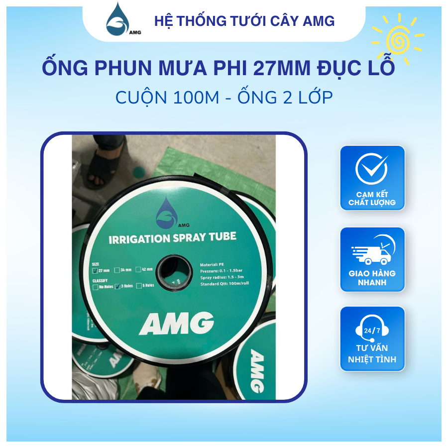 ỐNG PHUN MƯA PHI 27MM ĐỤC LỖ SẴN - CUỘN 100M - ỐNG 2 LỚP