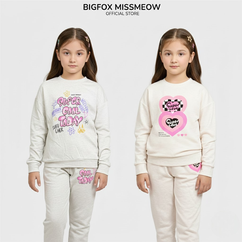  Bộ quần áo thu đông bé gái Bigfox Miss Meow dài tay vải nỉ da cá size đại trẻ em 7-15 tuổi 40kg VNXK 