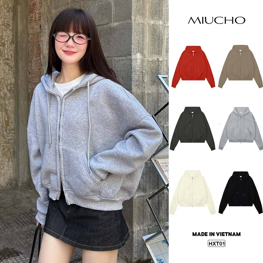 Áo Khoác Hoodie Zip Boxy Miucho Nỉ 2 Da Cao Cấp Dày Dặn Mềm Mại Thoáng Mát HXT02